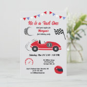 Hij is een snelle en feestelijke rode race auto ve kaart (Staand voorkant)