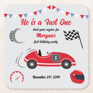 Hij is een snelle en feestelijke rode race auto ve kartonnen onderzetters