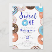 Hij is een Sweet One Donut Blue Boy 1st Birthday P Kaart (Voorkant)