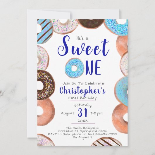 Hij is een Sweet One Donut Blue Boy 1st Birthday P Kaart (Voorkant)