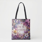 Hij is een verrezen vlinder Paarse bloemenPasen Tote Bag (Voorkant)