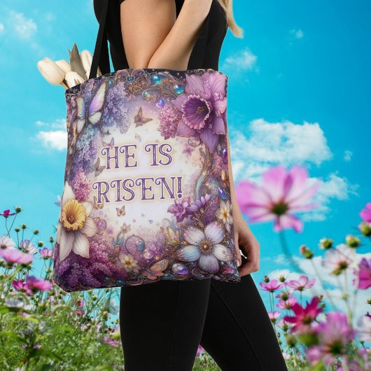 Hij is een verrezen vlinder Paarse bloemenPasen Tote Bag