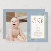 Hij is een Wild One 1st Birthday Greenery Blauwe F Kaart (Voorkant / Achterkant)