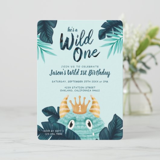 Hij is een Wild One Blue Monster & Tropisch Oerwou Kaart (Staand voorkant)