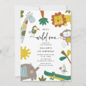 Hij is een Wild One 'Fun Oerwoud Animals 1st Birth Kaart (Voorkant)