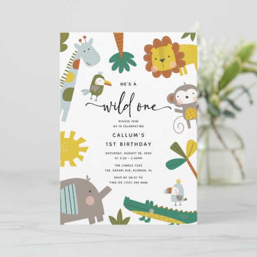 Hij is een Wild One 'Fun Oerwoud Animals 1st Birth Kaart (Staand voorkant)