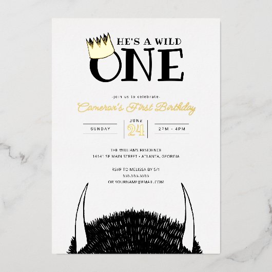 Hij is een Wilde 1 - 1e verjaardag Gouden Kroon Folie Uitnodiging (Voorkant)