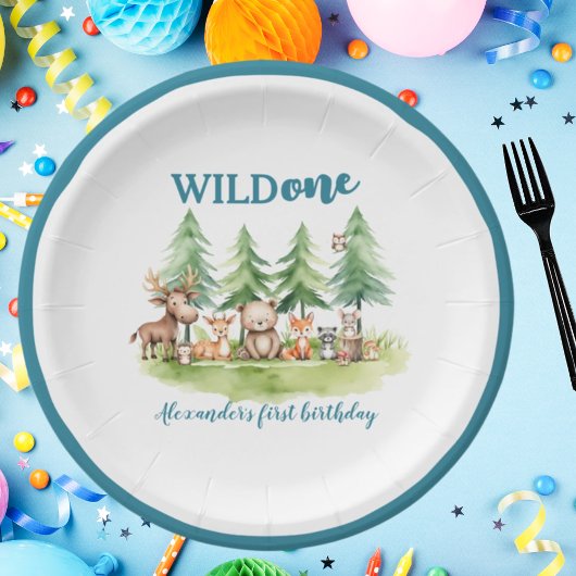 Hij is een wilde - Woodland Animals 1st Birthday Papieren Bordje