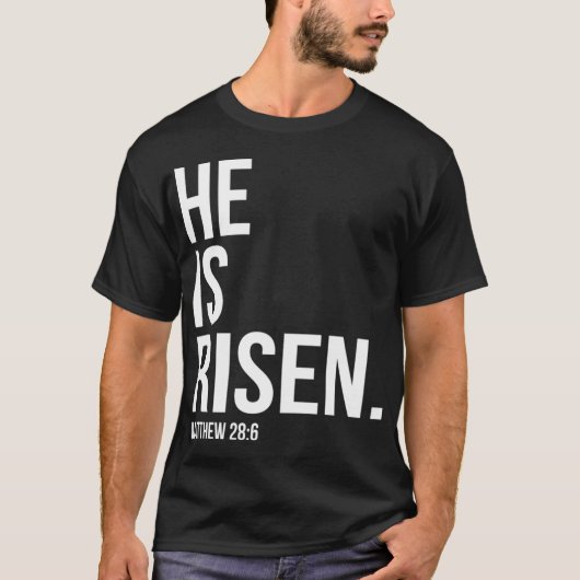 Hij is gerezen Bijbelscriptie verse Christelijk T-shirt (Voorkant)