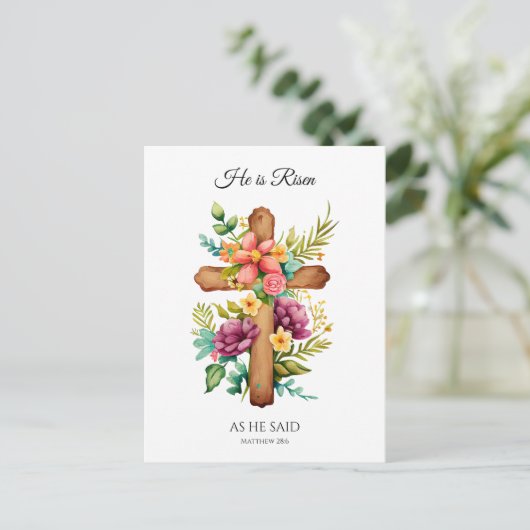 Hij is gerezen toen hij paaskruis vertelde feestdagenkaart (Staand voorkant)