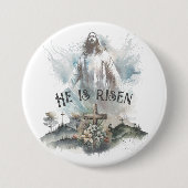 Hij is het Christelijke Paaskruis Ronde Button 7,6 Cm (Voorkant)