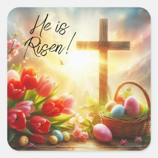 Hij is het Risen Cross met paaseieren en tulpen Vierkante Sticker (Voorkant)