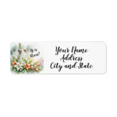 Hij is het Verrezen Paaskruis met Lelies en Tulpen Etiket (Voorkant)