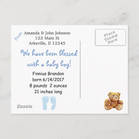 Hij is hier. Baby jongen geboorte aankondiging (Achterkant)