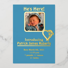 Hij is hier Folie & Foto geboorteaankondiging Uitnodiging