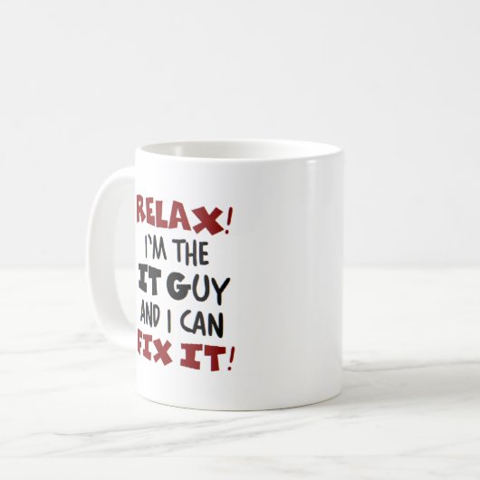 hij is hier. koffiemok (Voorkant links)