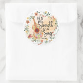 Hij is mijn kracht ronde sticker (Tas)