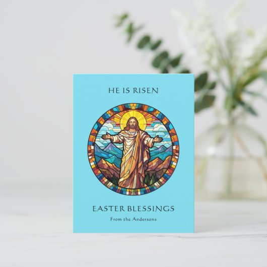 Hij is opgestaan als religieuze Pasen Jezus Verrij Feestdagenkaart (Staand voorkant)
