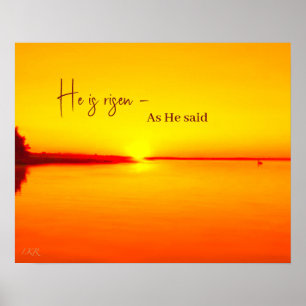 Hij is opgestaan Amber Sunset over Water Poster