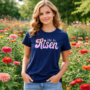 Hij Is Opgestaan Bloemige Pasen Lettertype op Mari Tri-Blend Shirt