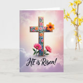 Hij Is Opgestaan Bloemkruis Kaart (Gele Bloem)