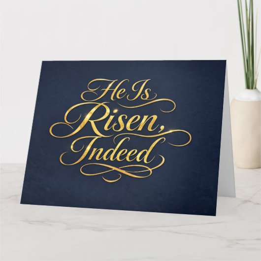 Hij Is Opgestaan – Elegante Gouden Script Paasfees Kaart (Voorkant)