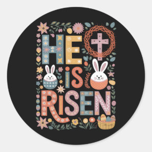 Hij is Opgestaan Jezus Bloemig Schattig Paas Konij Ronde Sticker