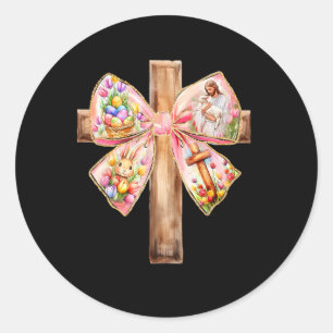 Hij Is Opgestaan Jezus Coquette Strik Pasen Kruis  Ronde Sticker