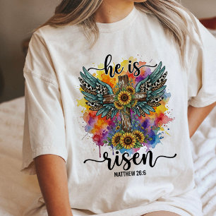 Hij Is Opgestaan Kruis Met Aquarel Zonnebloemen Tri-Blend Shirt