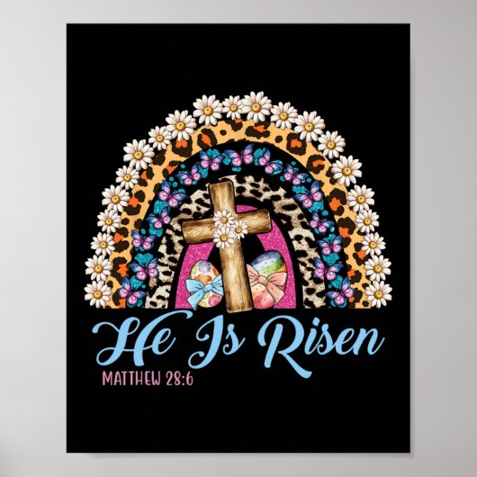 Hij is opgestaan Leopard Rainbow Happy Easter Poster (Voorkant)