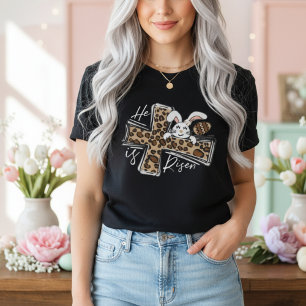 Hij Is Opgestaan Luipaard Kruis Konijn Christelijk T-shirt