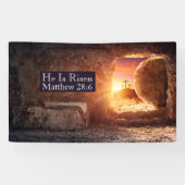 Hij is opgestaan met drie kruisen leeg graf Pasen Spandoek (Horizontaal)