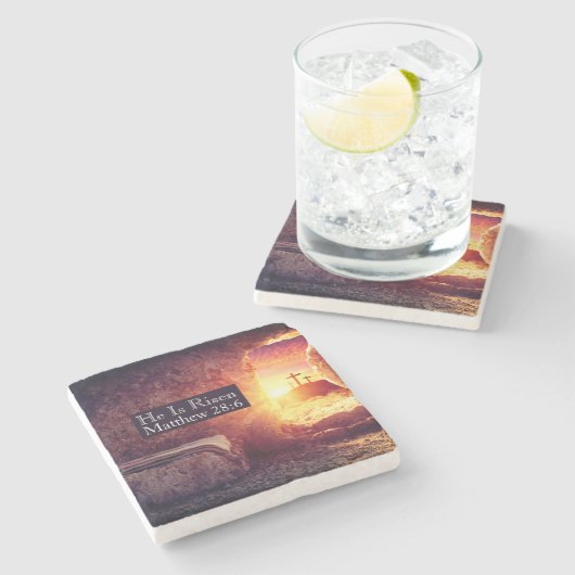 Hij is opgestaan met drie kruisen leeg graf Pasen Stenen Onderzetter (Zijkant)