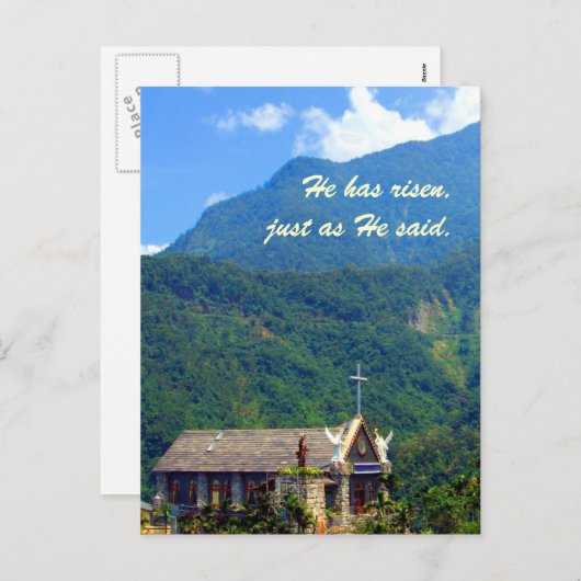 Hij is opgestaan!! -Mountain Church Pasen Thema Feestdagenkaart (Voorkant / Achterkant)