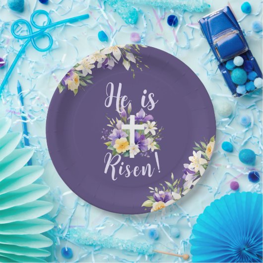 "Hij is opgestaan!" Paarse bloemenreligieus Pasen Papieren Bordje (Feest)