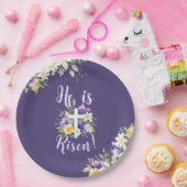 "Hij is opgestaan!" Paarse bloemenreligieus Pasen Papieren Bordje (Feest)