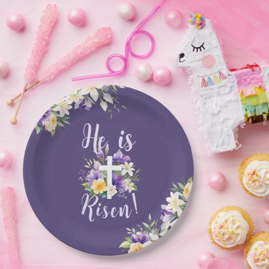 "Hij is opgestaan!" Paarse bloemenreligieus Pasen Papieren Bordje (Feest)