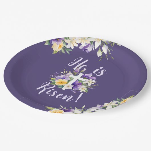 "Hij is opgestaan!" Paarse bloemenreligieus Pasen Papieren Bordje (Gekanteld)