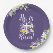 "Hij is opgestaan!" Paarse bloemenreligieus Pasen Papieren Bordje (Voorkant)