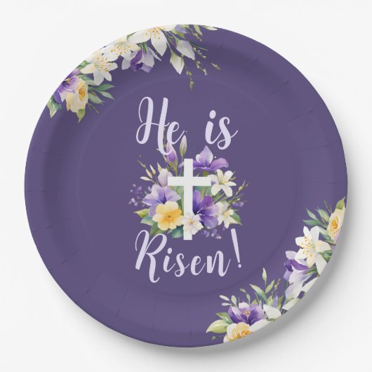 "Hij is opgestaan!" Paarse bloemenreligieus Pasen Papieren Bordje (Voorkant)