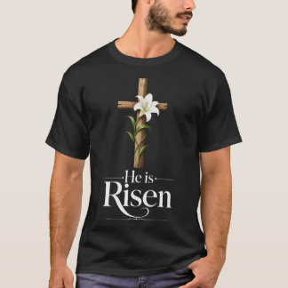 Hij Is Opgestaan Pasen Lelie Houten Kruis Christel T-shirt