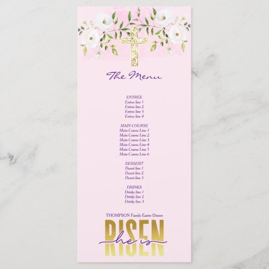 Hij is opgestaan religieus Christelijk citaat roze Menu (Voorkant)