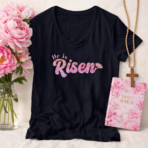 Hij Is Opgestaan Roze Bloemrijke Vetgedrukte Lette T-shirt