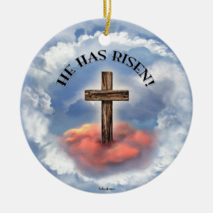 Hij Is Opgestaan Ruw Kruis Met Wolken Keramisch Ornament