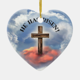Hij Is Opgestaan Ruw Kruis Met Wolken Keramisch Ornament