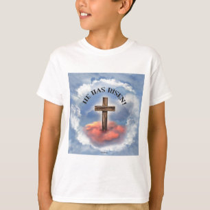 Hij Is Opgestaan Ruw Kruis Met Wolken T-shirt