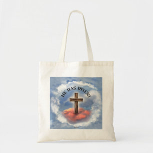 Hij Is Opgestaan Ruw Kruis Met Wolken Tote Bag