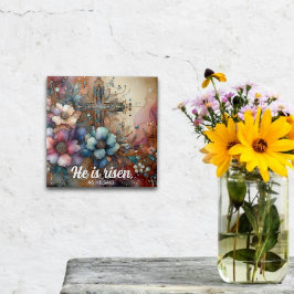 Hij is opgestaan Schrift Bloemen Waterverf Kruis Tegeltje
