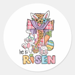 Hij Is Opgewekt Bloemkruis Vintage Gelukkig Pasen Ronde Sticker