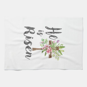 Hij is Opgewekt Bloemkruis Vintage Gelukkig Pasen  Theedoek